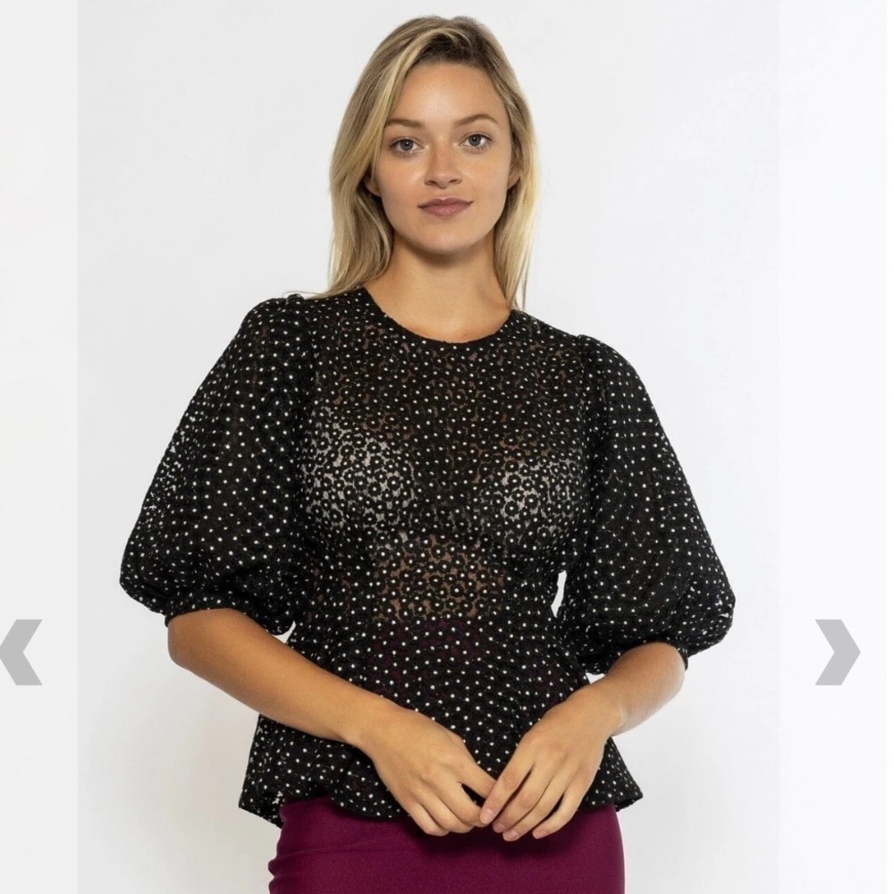 Gracia Peplum Sheer Embroidered Black Blouse